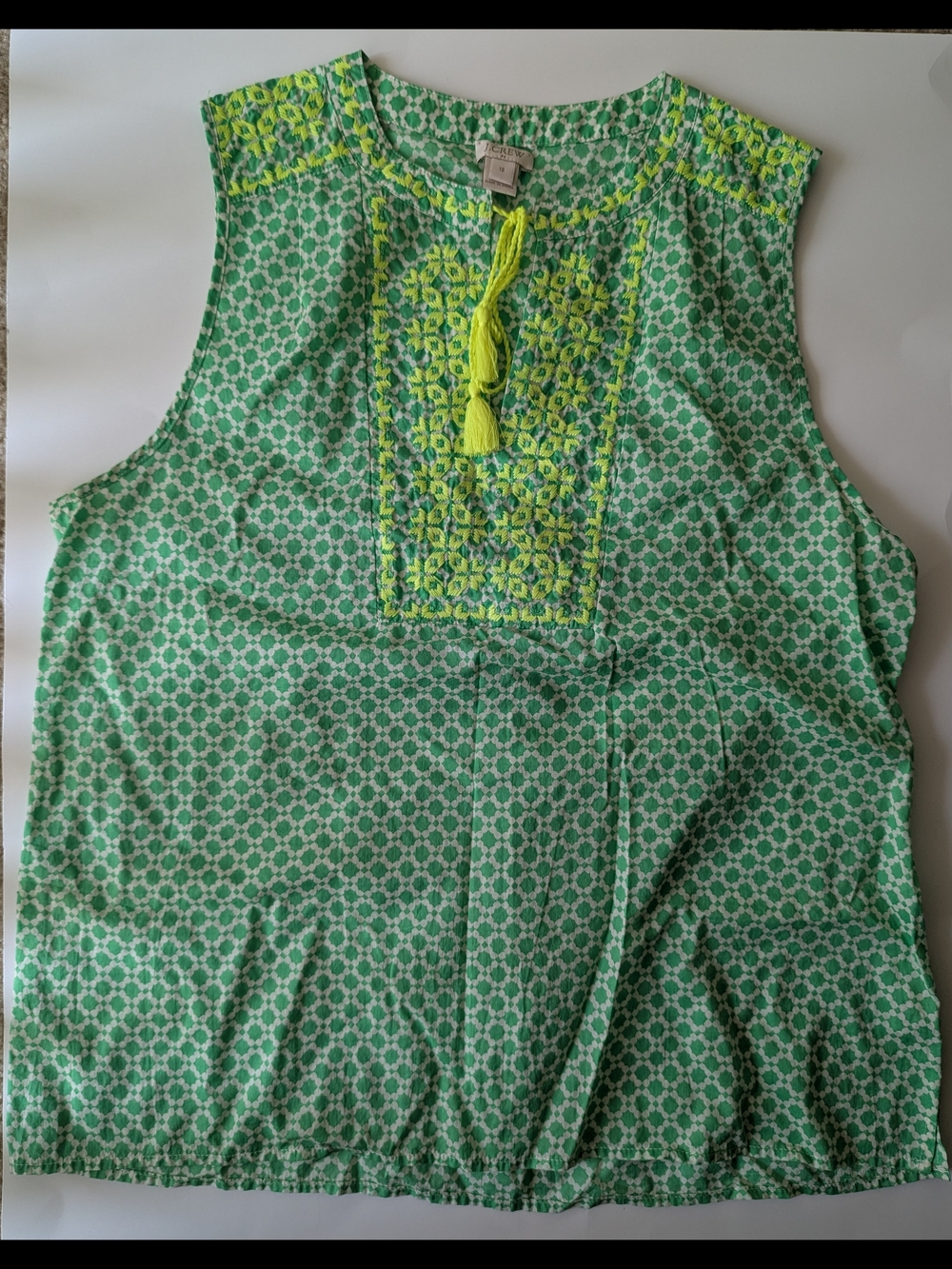 JCrew Sleeveless Green Patterned Embroidered Top